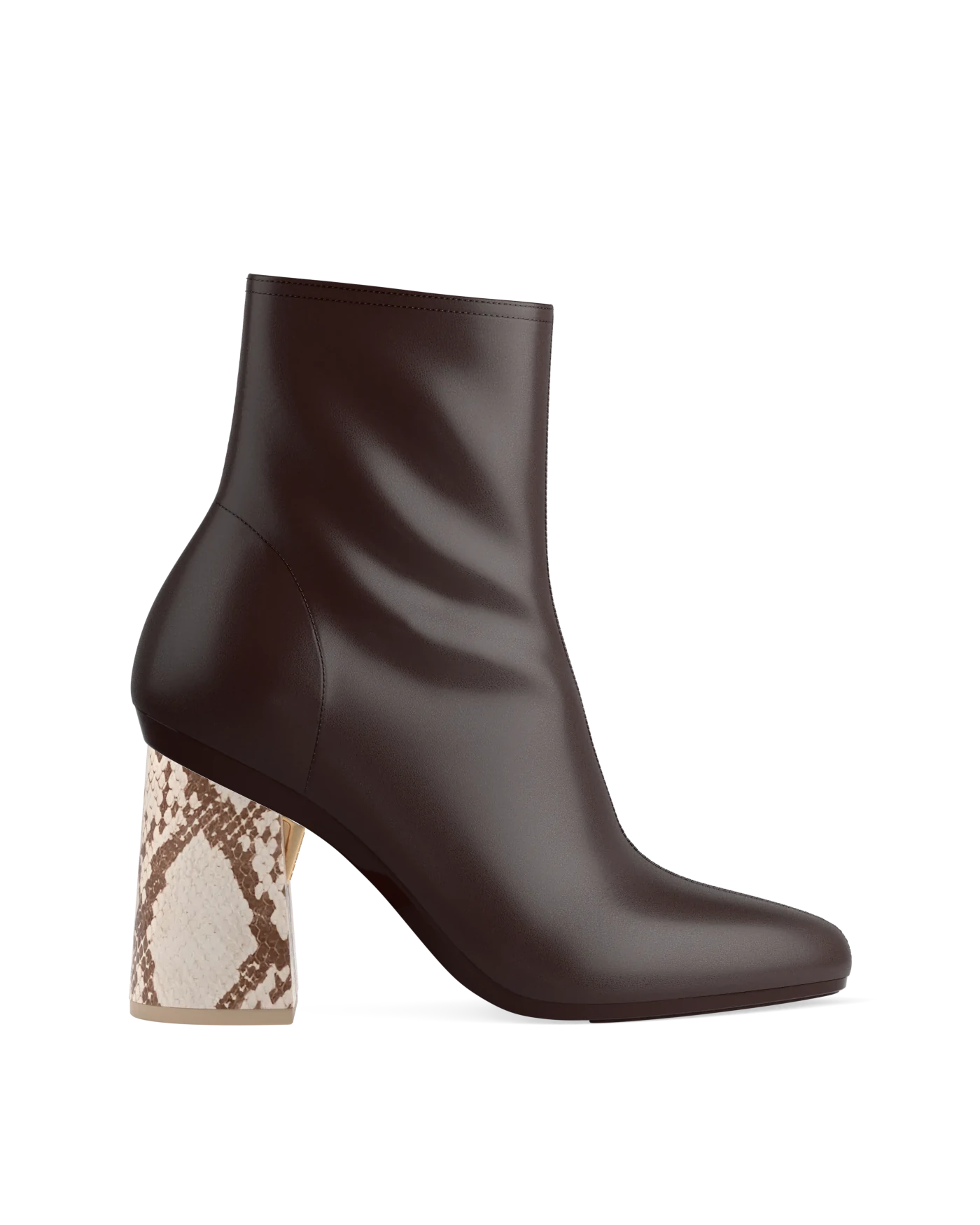 Flare Block Heel Kit 4 Ivory Snakeskin shown on the Amy Bootie Chocolate Stretch Leather upper. Pashion convertible heels go from heel to flat and are customizable with interchangeable heel kits.