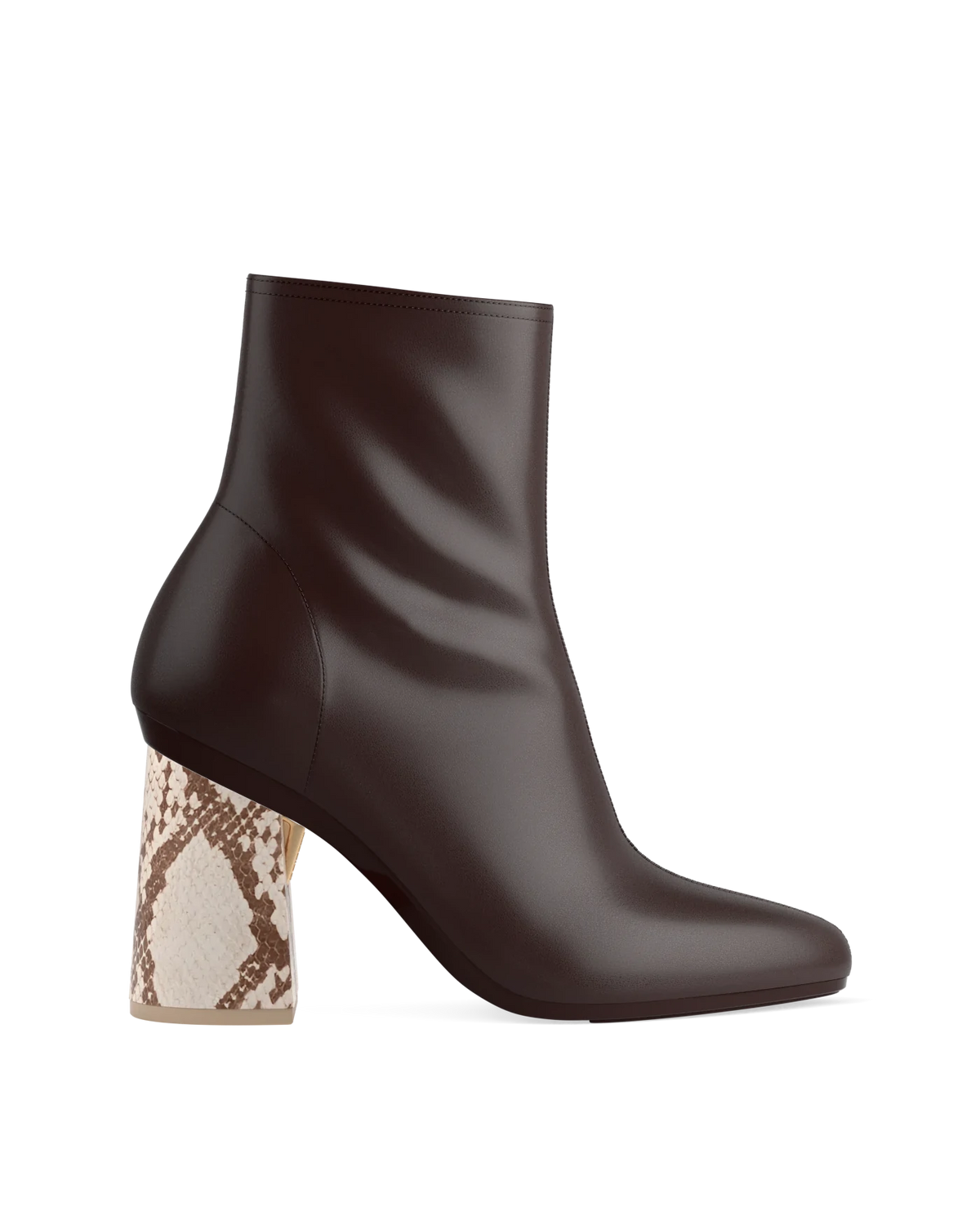 Flare Block Heel Kit 4 Ivory Snakeskin shown on the Amy Bootie Chocolate Stretch Leather upper. Pashion convertible heels go from heel to flat and are customizable with interchangeable heel kits.