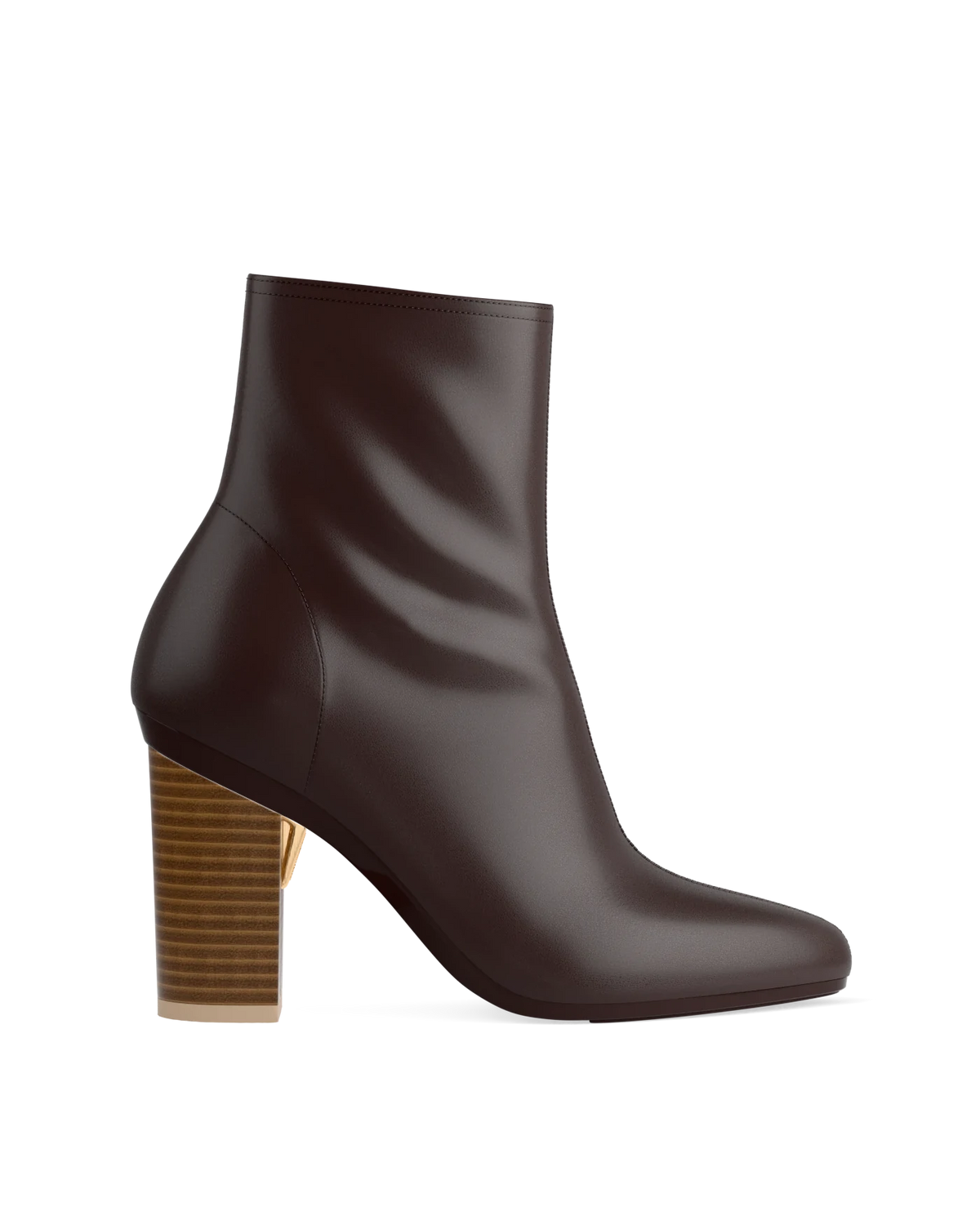 Block Heel Kit 4 Light Wood shown on the Amy Bootie Chocolate Stretch Leather upper. Pashion convertible heels go from heel to flat and are customizable with interchangeable heel kits.
