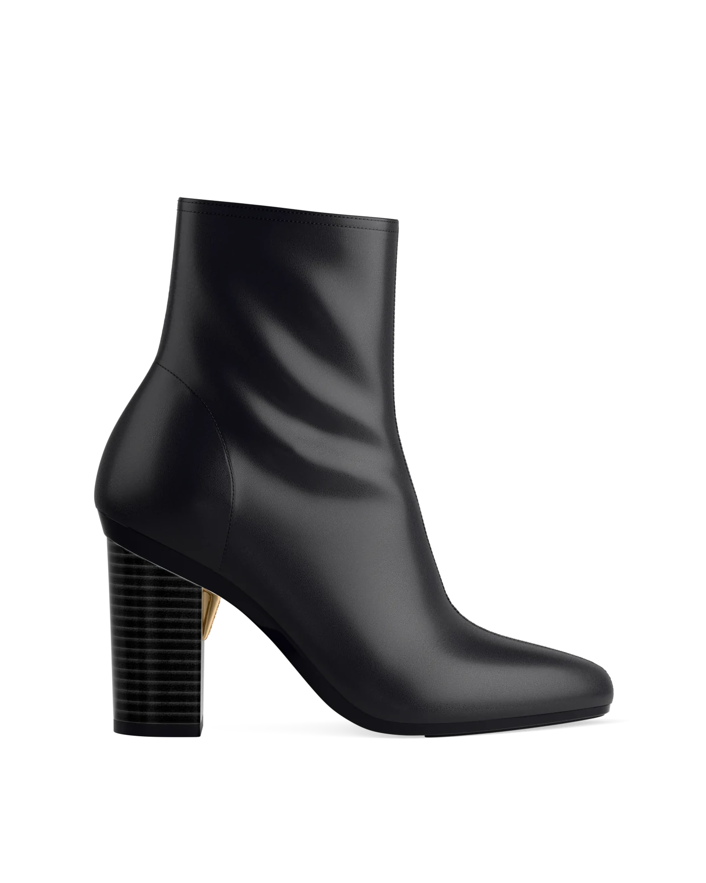 Block Heel Kit 4 Black Wood shown on the Amy Bootie Coal Stretch Leather upper. Pashion convertible heels go from heel to flat and are customizable with interchangeable heel kits.