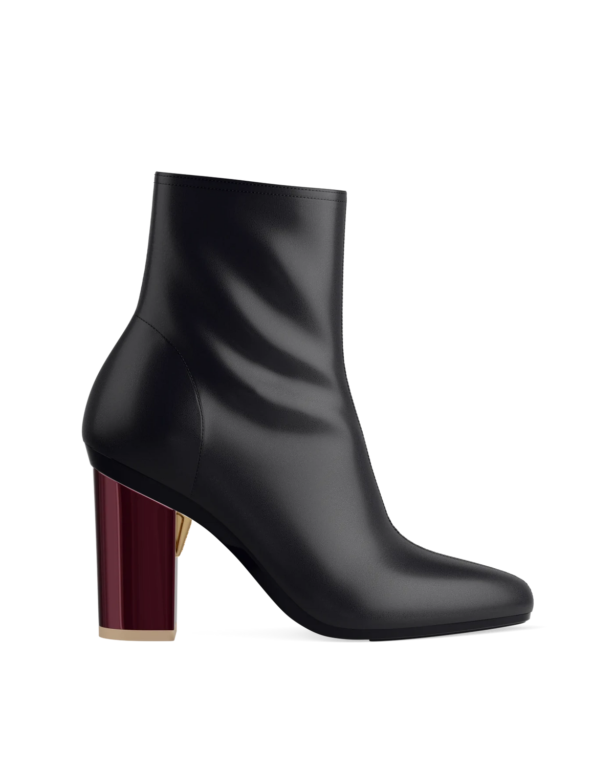 Block Heel Kit 4 Cherry Mocha Metallic shown on the Amy Bootie Coal Stretch Leather upper. Pashion convertible heels go from heel to flat and are customizable with interchangeable heel kits.