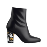 Block Heel Kit 4 Halloween Embroidery shown on the Amy Bootie Coal Stretch Leather upper. Pashion convertible heels go from heel to flat and are customizable with interchangeable heel kits.