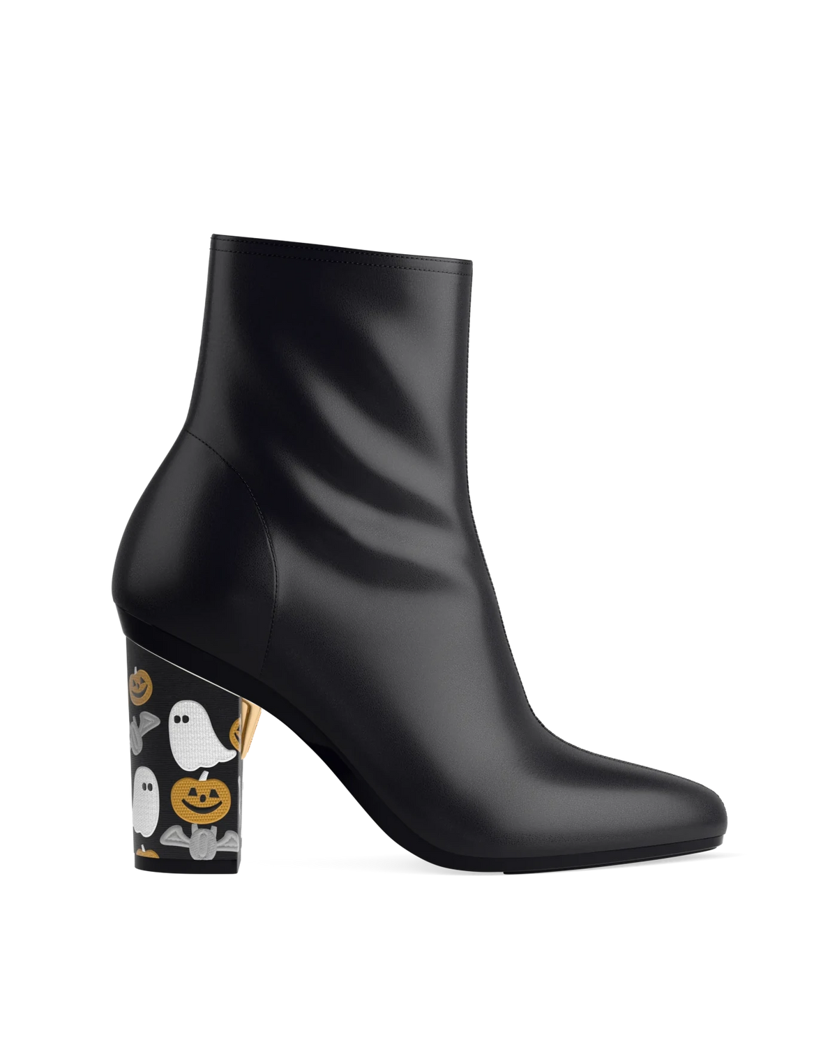 Block Heel Kit 4 Halloween Embroidery shown on the Amy Bootie Coal Stretch Leather upper. Pashion convertible heels go from heel to flat and are customizable with interchangeable heel kits.