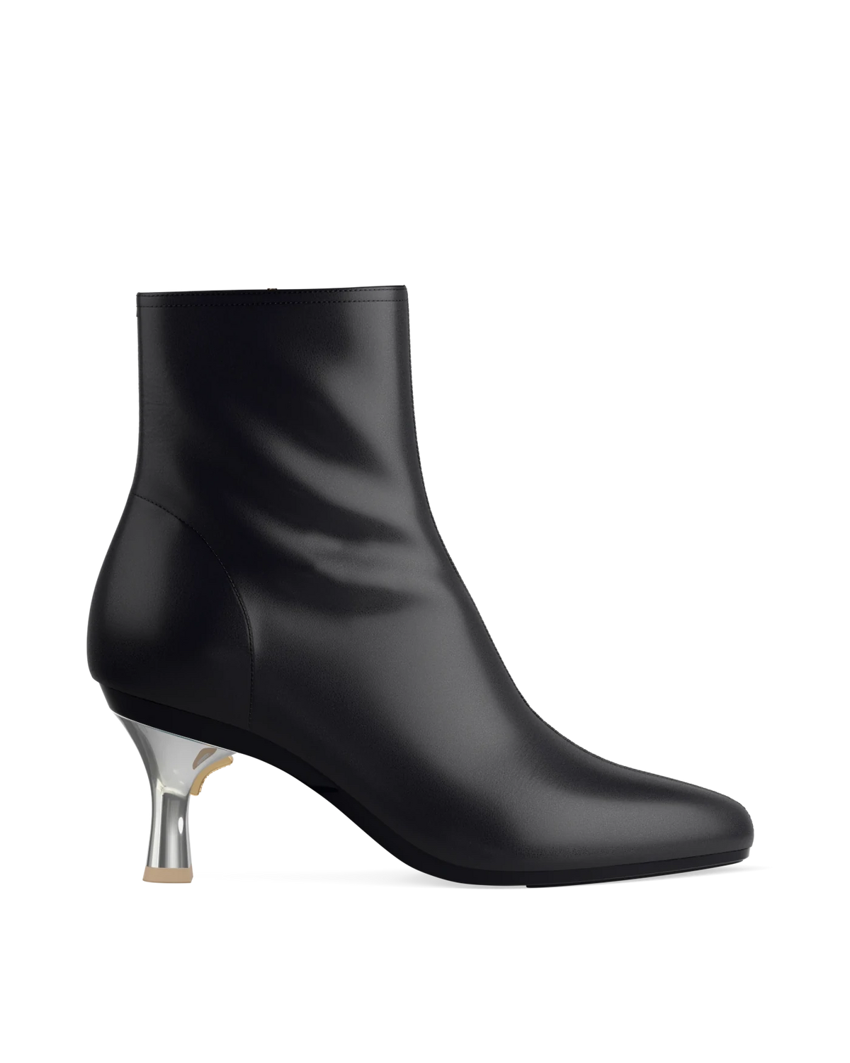 Flare Stiletto Heel Kit 3 Silver Metallic shown on the Amy Bootie Coal Stretch Leather upper. Pashion convertible heels go from heel to flat and are customizable with interchangeable heel kits.