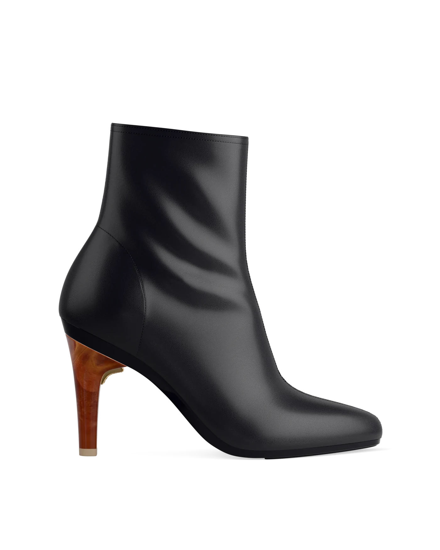 Stiletto Heel Kit 4 Wood shown on the Amy Bootie Coal Stretch Leather upper. Pashion convertible heels go from heel to flat and are customizable with interchangeable heel kits.