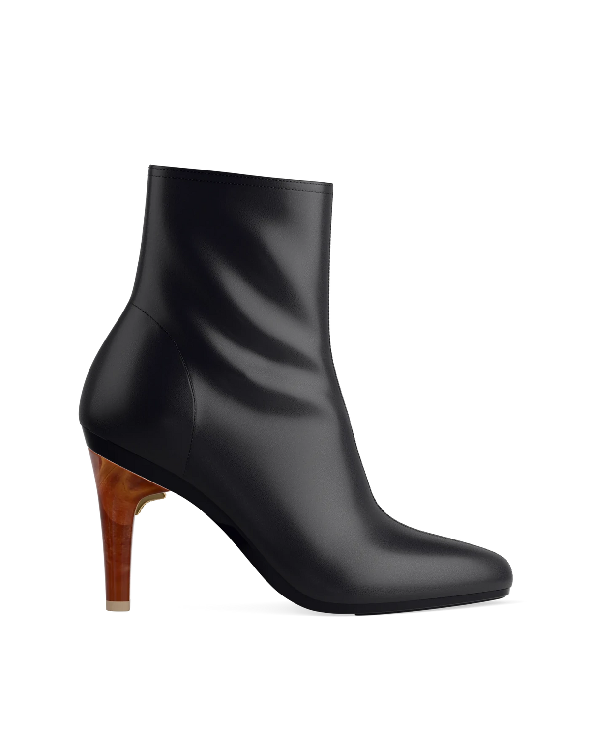 Stiletto Heel Kit 4 Wood shown on the Amy Bootie Coal Stretch Leather upper. Pashion convertible heels go from heel to flat and are customizable with interchangeable heel kits.