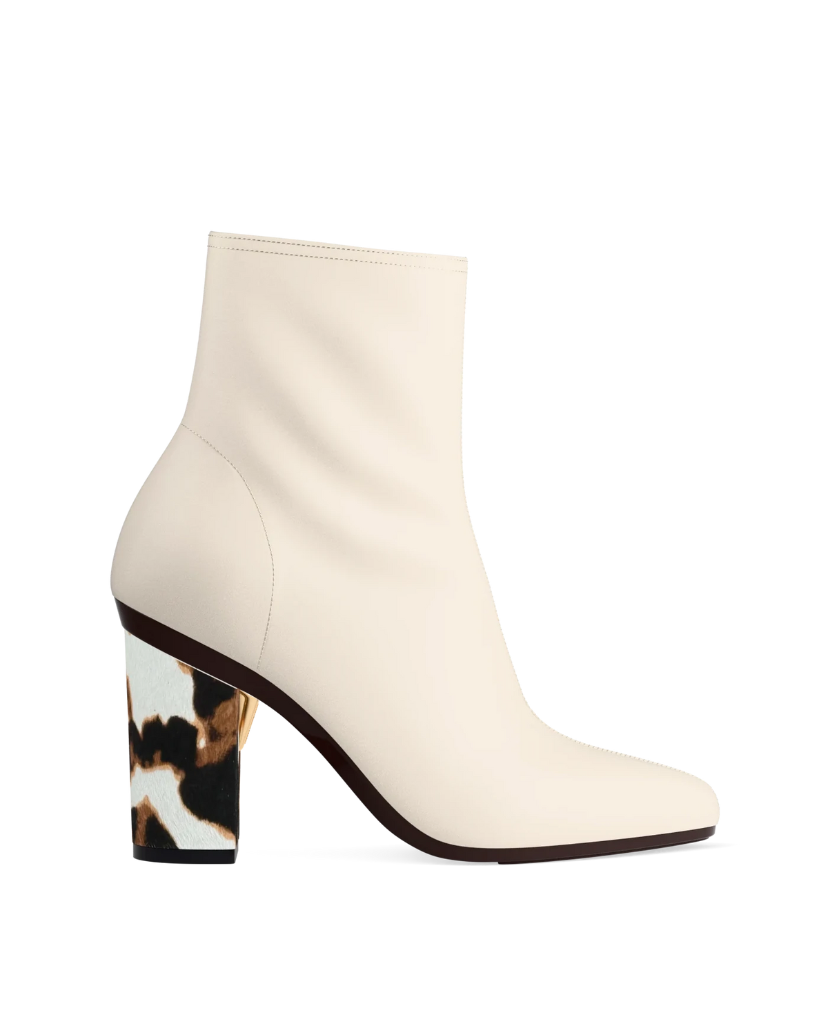 Block Heel Kit 4 Cow Print shown on the Amy Bootie Ivory Stretch Leather upper. Pashion convertible heels go from heel to flat and are customizable with interchangeable heel kits.