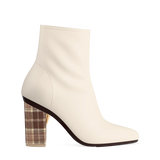 Block Heel Kit 4 Walnut Tartan shown on the Amy Bootie Ivory Stretch Leather upper. Pashion convertible heels go from heel to flat and are customizable with interchangeable heel kits.