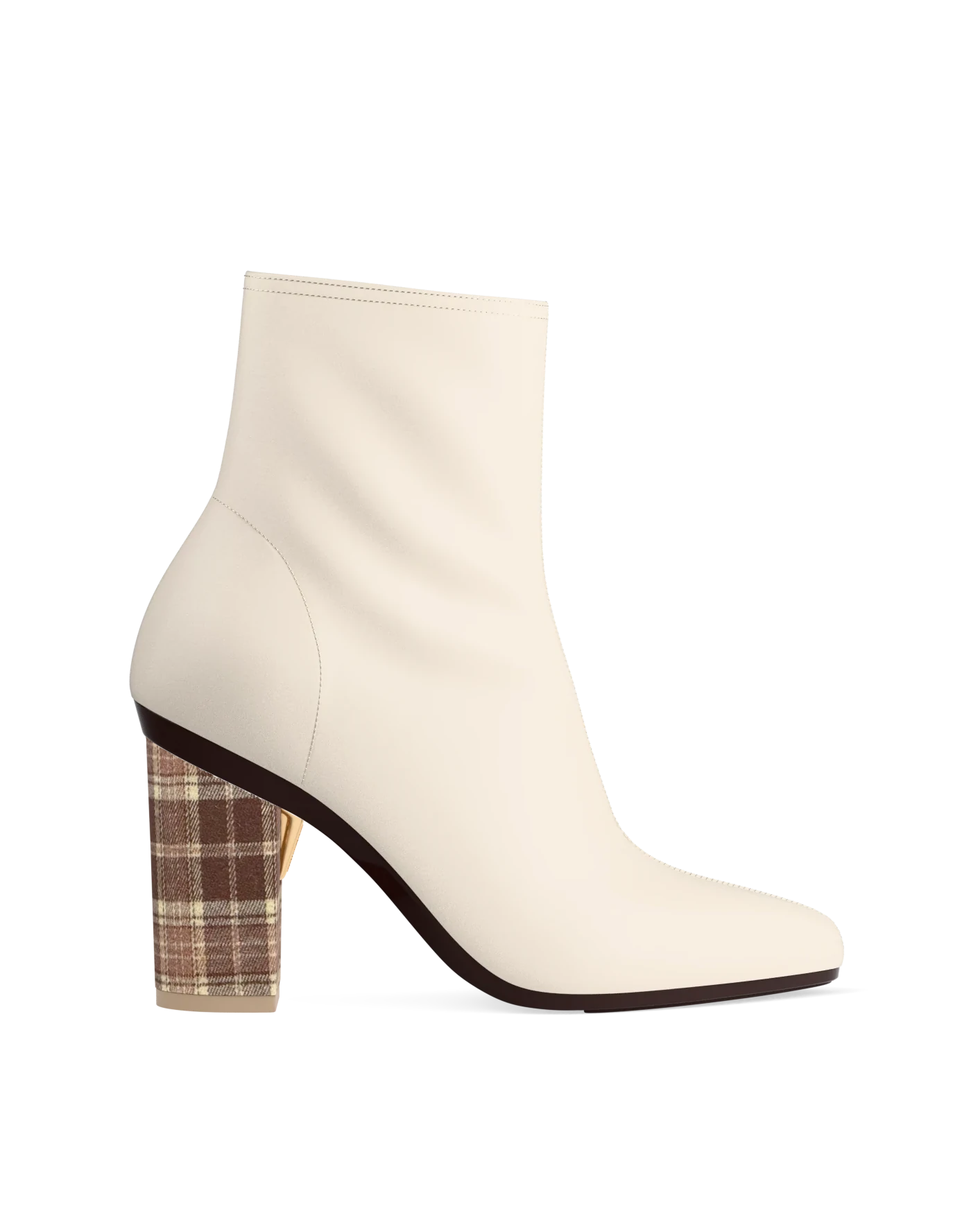 Block Heel Kit 4 Walnut Tartan shown on the Amy Bootie Ivory Stretch Leather upper. Pashion convertible heels go from heel to flat and are customizable with interchangeable heel kits.