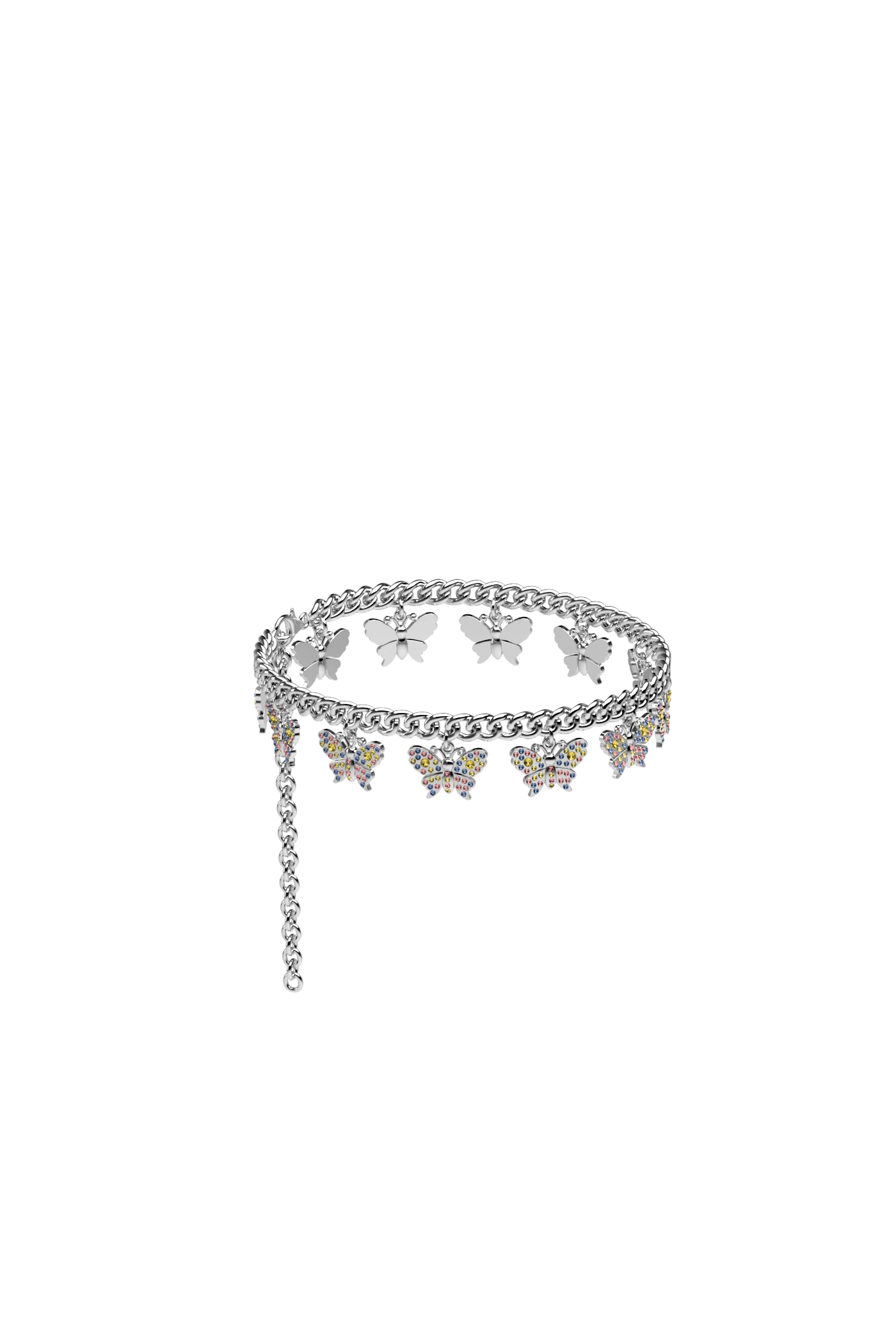 Rhinestone Butterfly Charm Silver Multi Ankle Chain