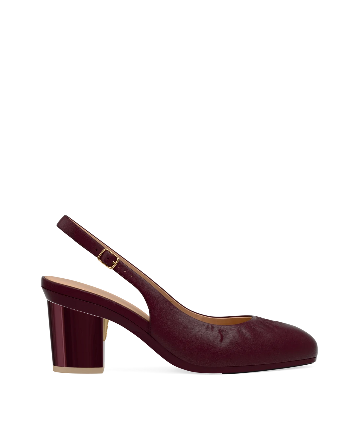 Block Heel Kit 3 Cherry Mocha Metallic shown on the Anna Slingback Buckle Cherry Mocha Nappa Leather upper. Pashion convertible heels go from heel to flat and are customizable with interchangeable heel kits.