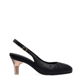 Stiletto Heel Kit 3 Rose Gold Metallic shown on the Anna Slingback Buckle Coal Nappa Leather upper. Pashion convertible heels go from heel to flat and are customizable with interchangeable heel kits.