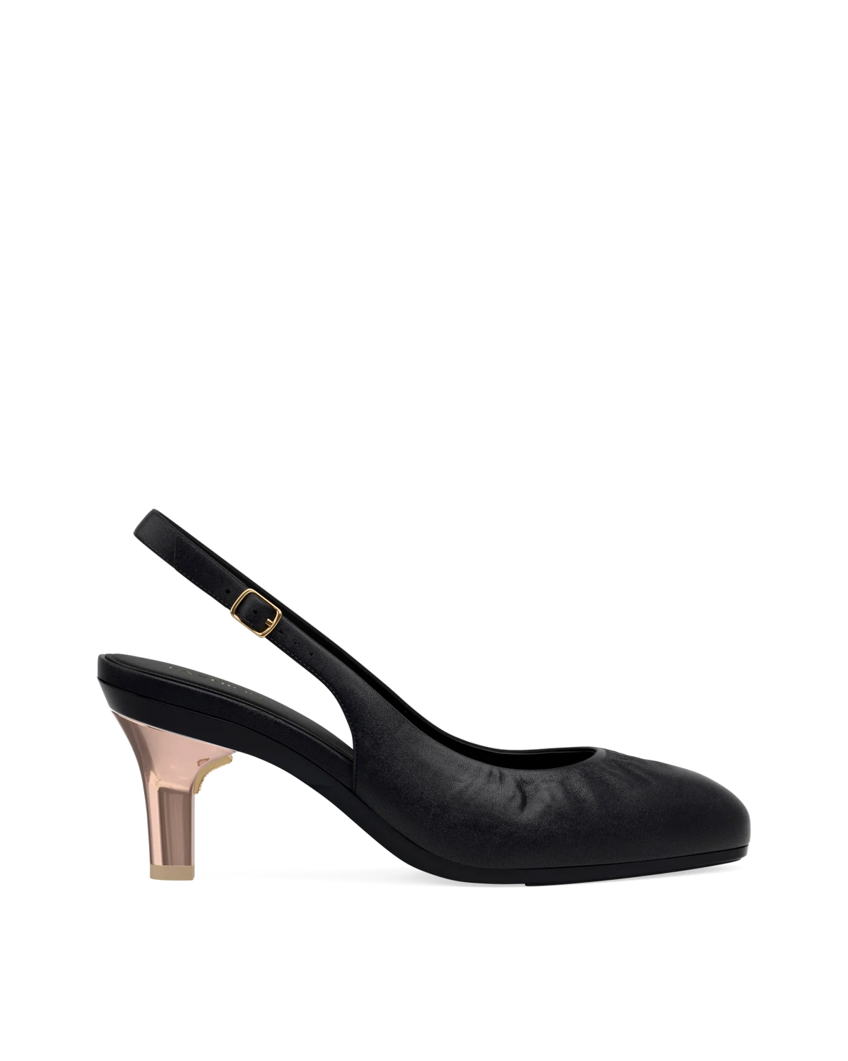 Stiletto Heel Kit 3 Rose Gold Metallic shown on the Anna Slingback Buckle Coal Nappa Leather upper. Pashion convertible heels go from heel to flat and are customizable with interchangeable heel kits.