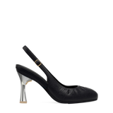 Flare Stiletto Heel Kit 4 Silver Metallic shown on the Anna Slingback Buckle Coal Nappa Leather upper. Pashion convertible heels go from heel to flat and are customizable with interchangeable heel kits.