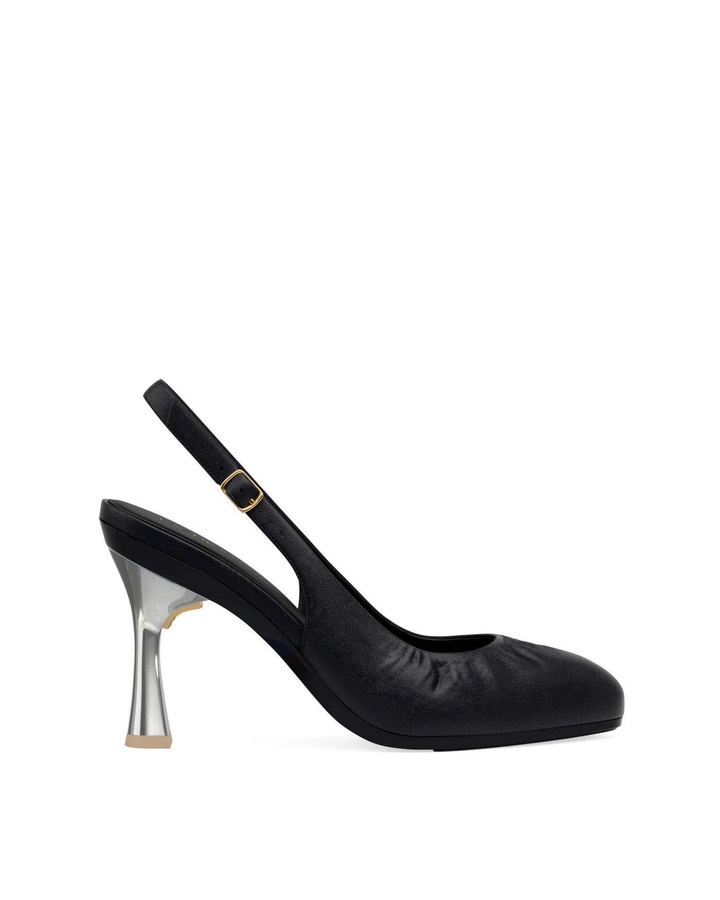 Flare Stiletto Heel Kit 4 Silver Metallic shown on the Anna Slingback Buckle Coal Nappa Leather upper. Pashion convertible heels go from heel to flat and are customizable with interchangeable heel kits.