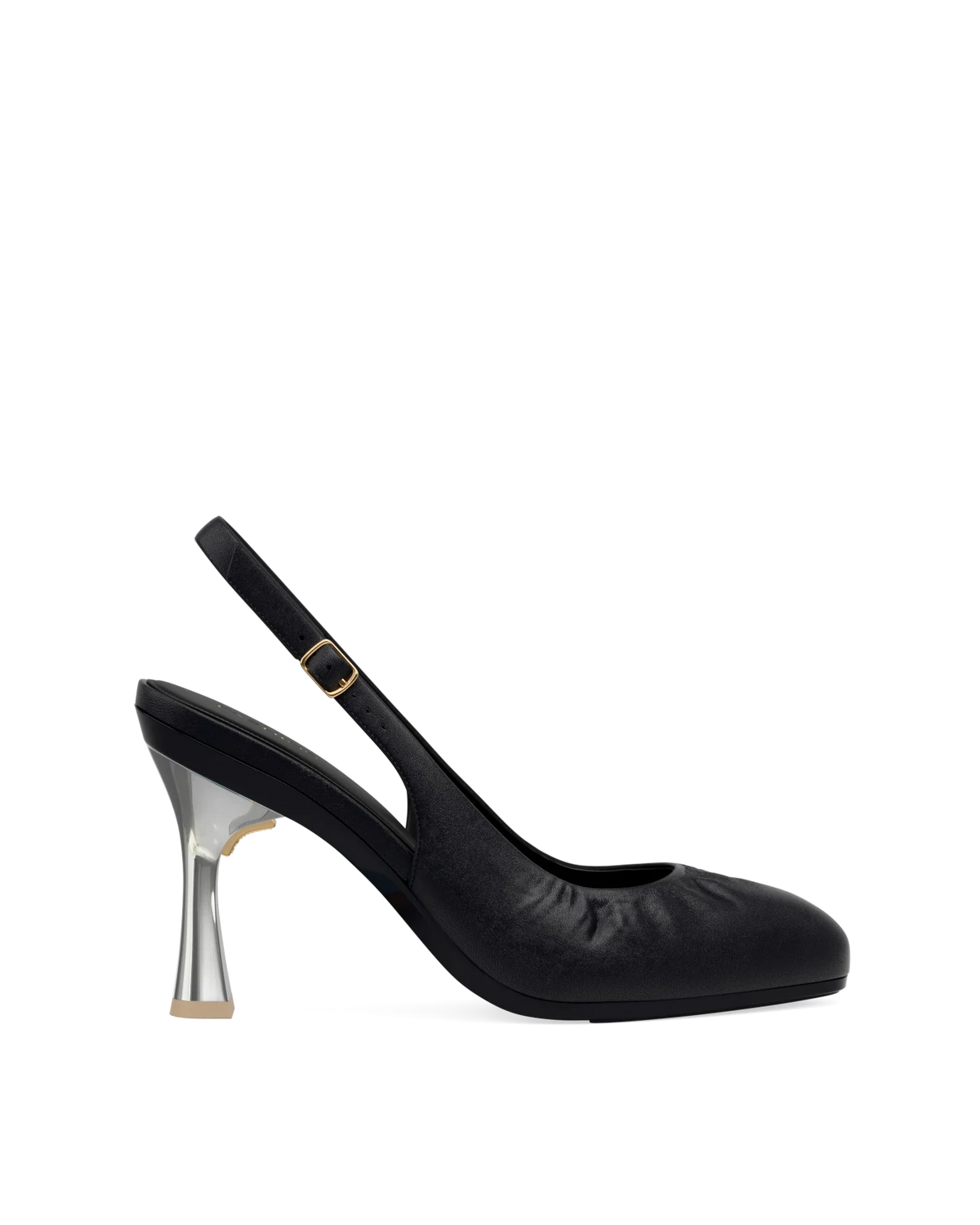 Flare Stiletto Heel Kit 4 Silver Metallic shown on the Anna Slingback Buckle Coal Nappa Leather upper. Pashion convertible heels go from heel to flat and are customizable with interchangeable heel kits.