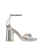 Flare Block Heel Kit 4 Silver Metallic shown on the Athena Silver Leather upper. Pashion convertible heels go from heel to flat and are customizable with interchangeable heel kits.