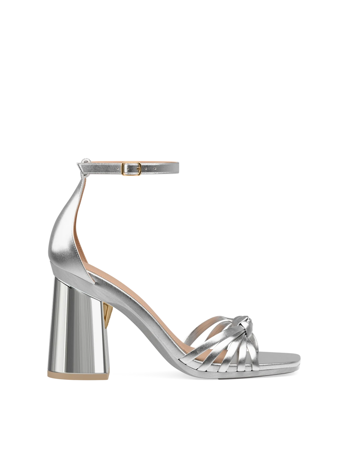 Flare Block Heel Kit 4 Silver Metallic shown on the Athena Silver Leather upper. Pashion convertible heels go from heel to flat and are customizable with interchangeable heel kits.