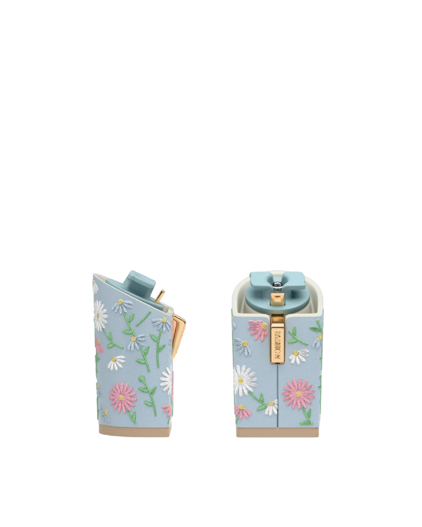 Block Heel Kit 4 Baby Blue Daisy Embroidery, 4-inch interchangeable block heel, side view. Pashion convertible heels go from heel to flat and are customizable with interchangeable heel kits.