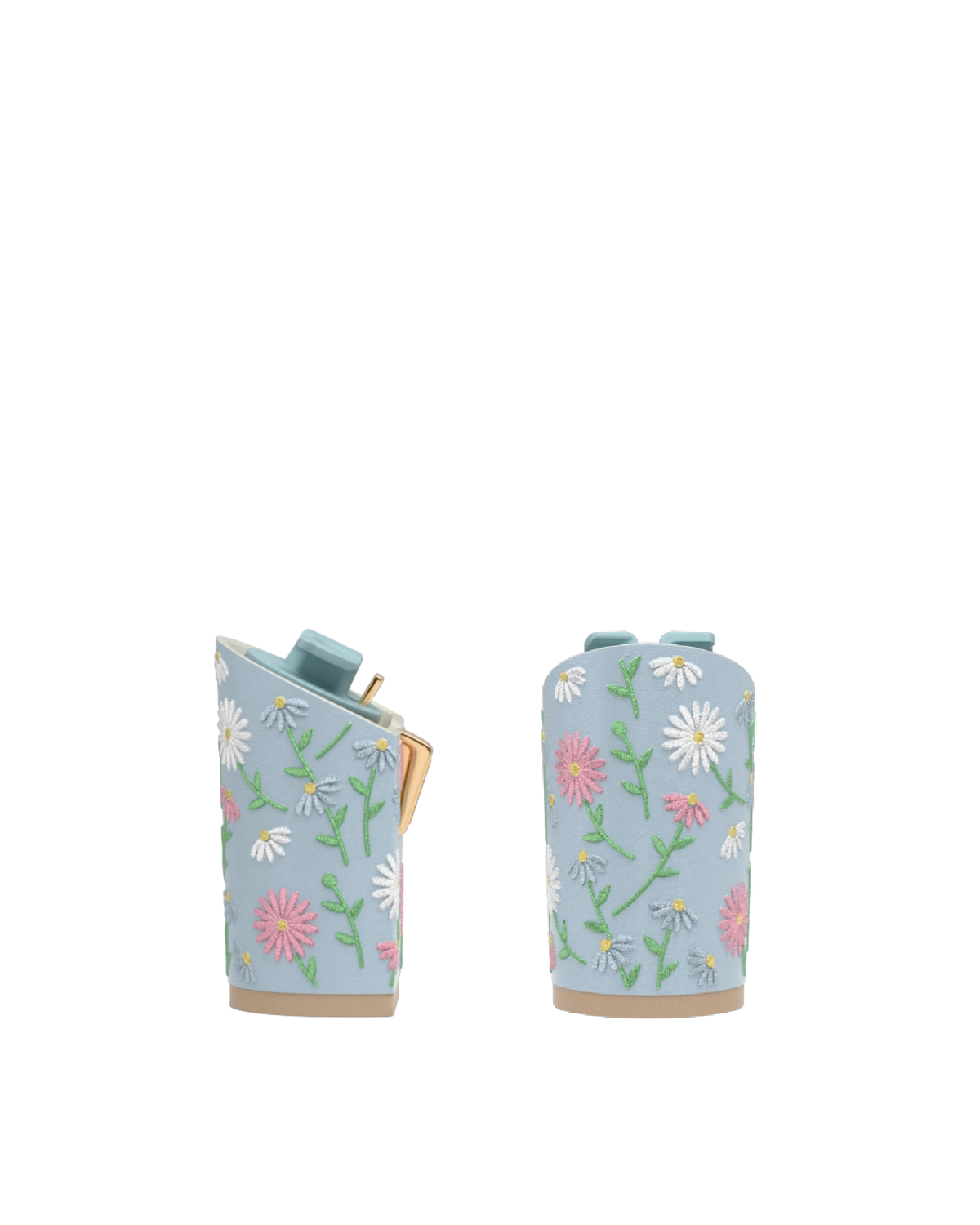 Block Heel Kit 4 Baby Blue Daisy Embroidery, back view. Pashion convertible heels go from heel to flat and are customizable with interchangeable heel kits.