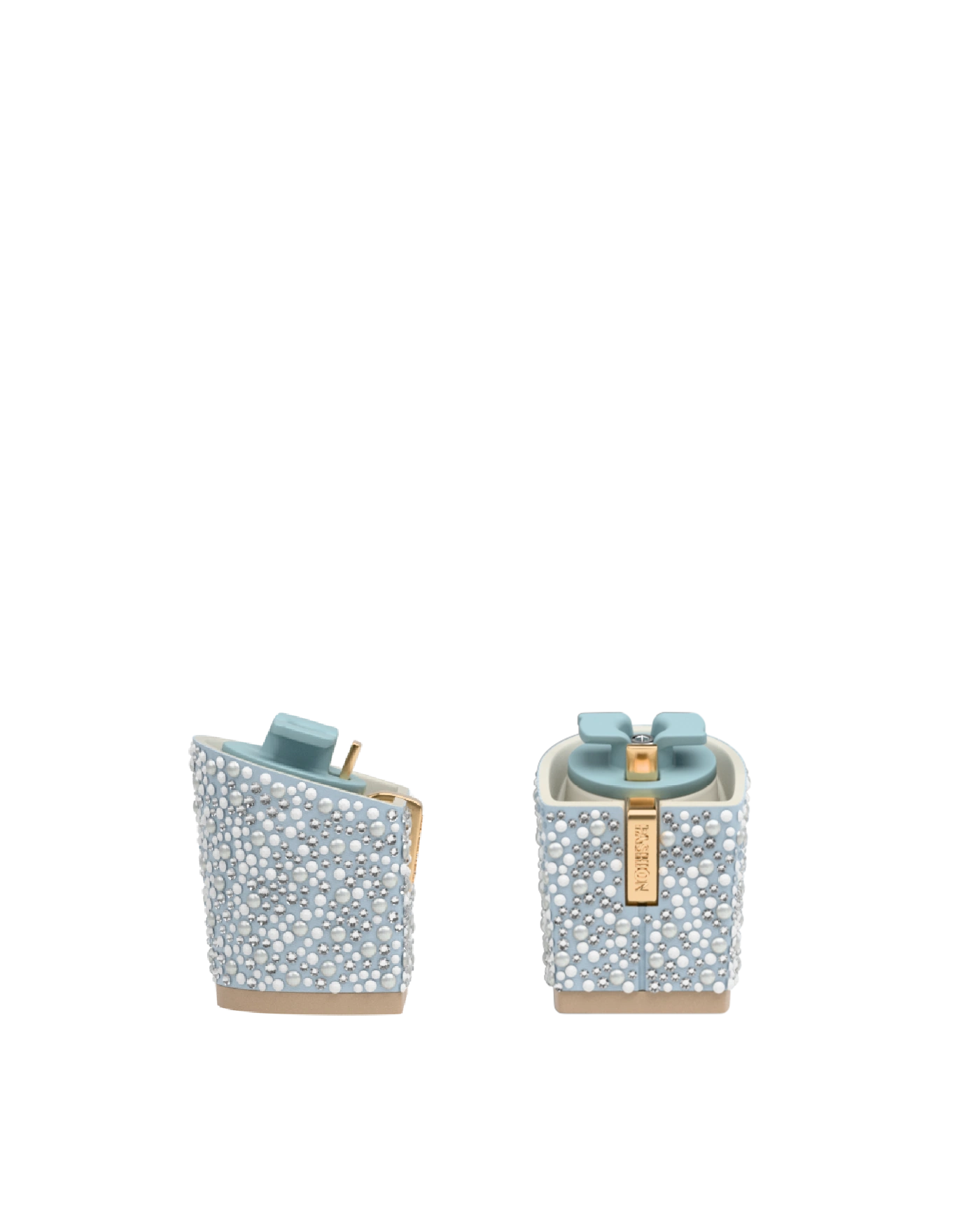 Block Heel Kit 3 Baby Blue Pearl & Rhinestone, 3-inch interchangeable block heel. Pashion convertible heels go from heel to flat and are customizable with interchangeable heel kits.