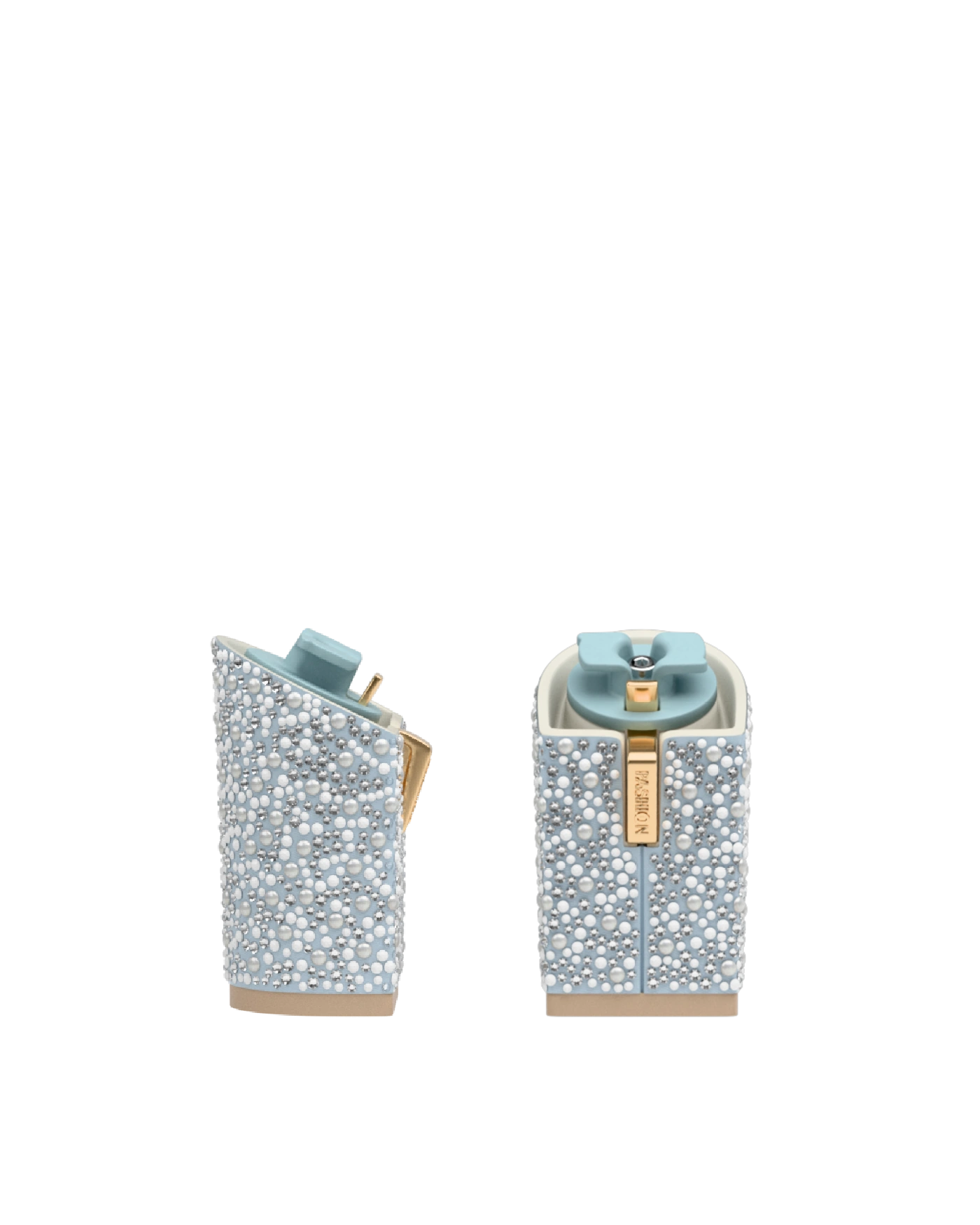 Block Heel Kit 4 Baby Blue Pearl & Rhinestone, 4-inch interchangeable block heel. Pashion convertible heels go from heel to flat and are customizable with interchangeable heel kits.