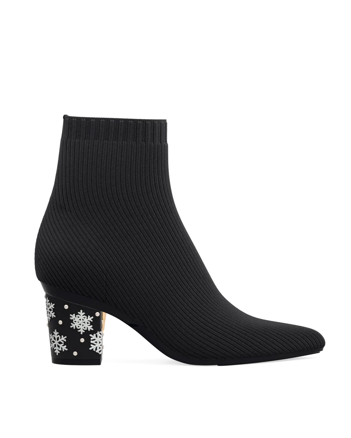 Block Heel Kit 3 Coal Snowflake Embroidery shown on the Bootie Coal Knit upper. Pashion convertible heels go from heel to flat and are customizable with interchangeable heel kits.