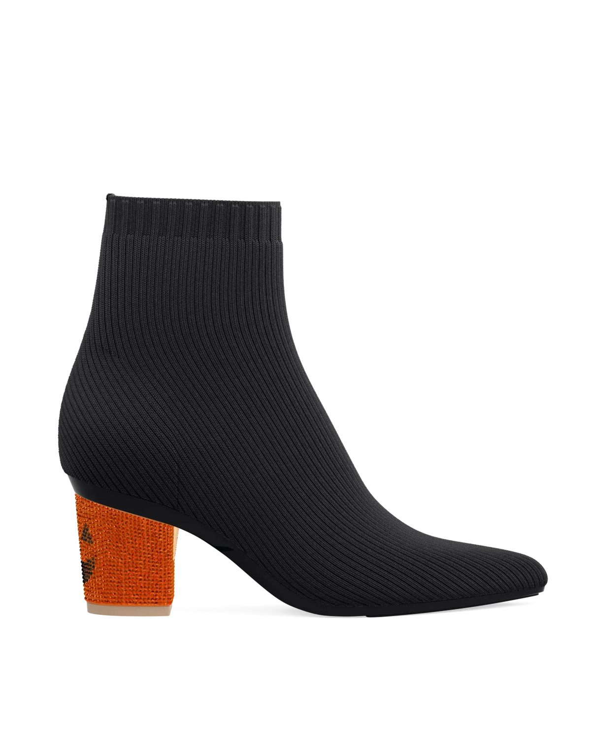 Block Heel Kit 3 Jack O' Lantern Rhinestone shown on the Bootie Coal Knit upper. Pashion convertible heels go from heel to flat and are customizable with interchangeable heel kits.