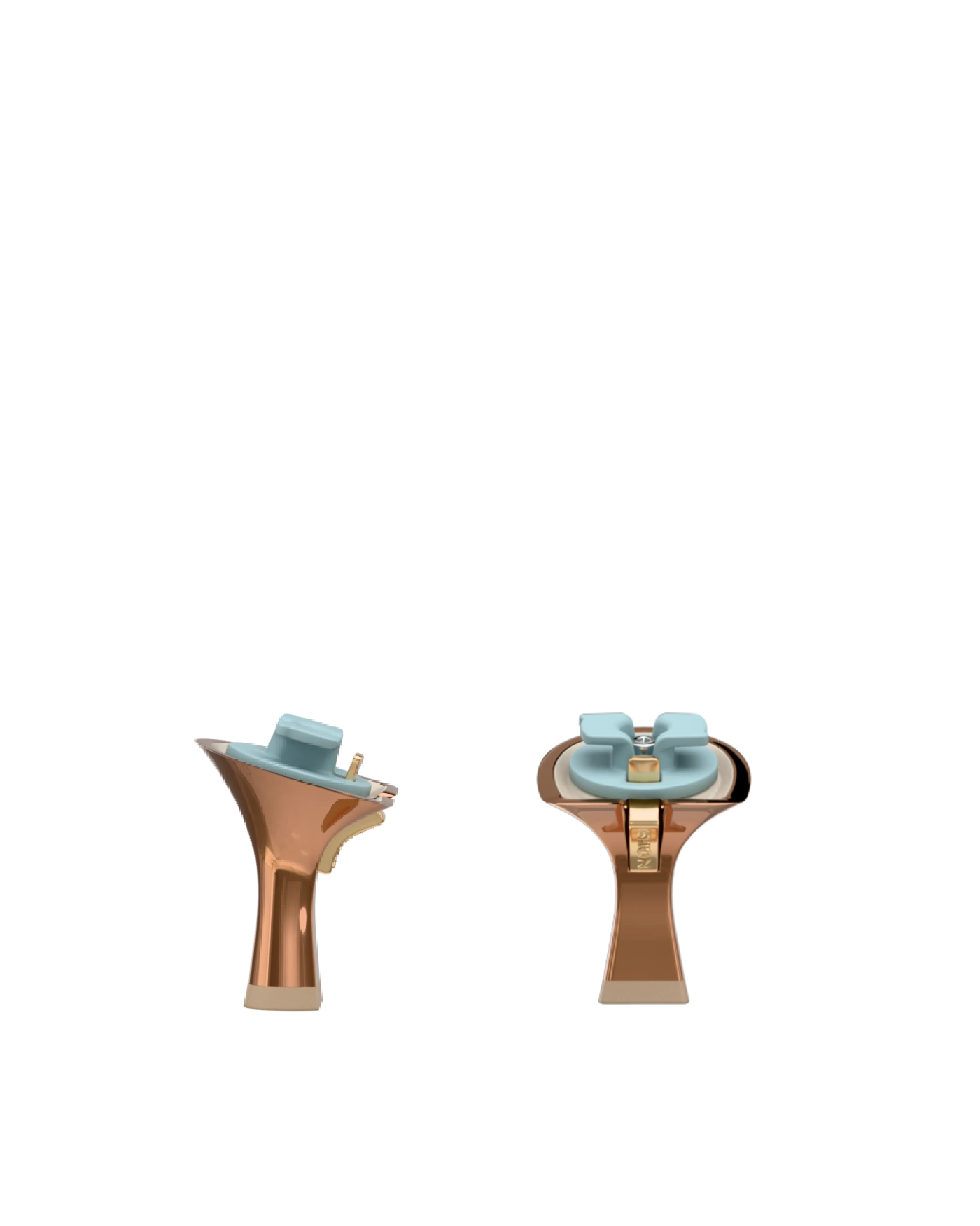 Flare Stiletto Heel Kit 3 Copper Metallic, 3-inch interchangeable flare stiletto heel, side view. Pashion convertible heels go from heel to flat and are customizable with interchangeable heel kits.