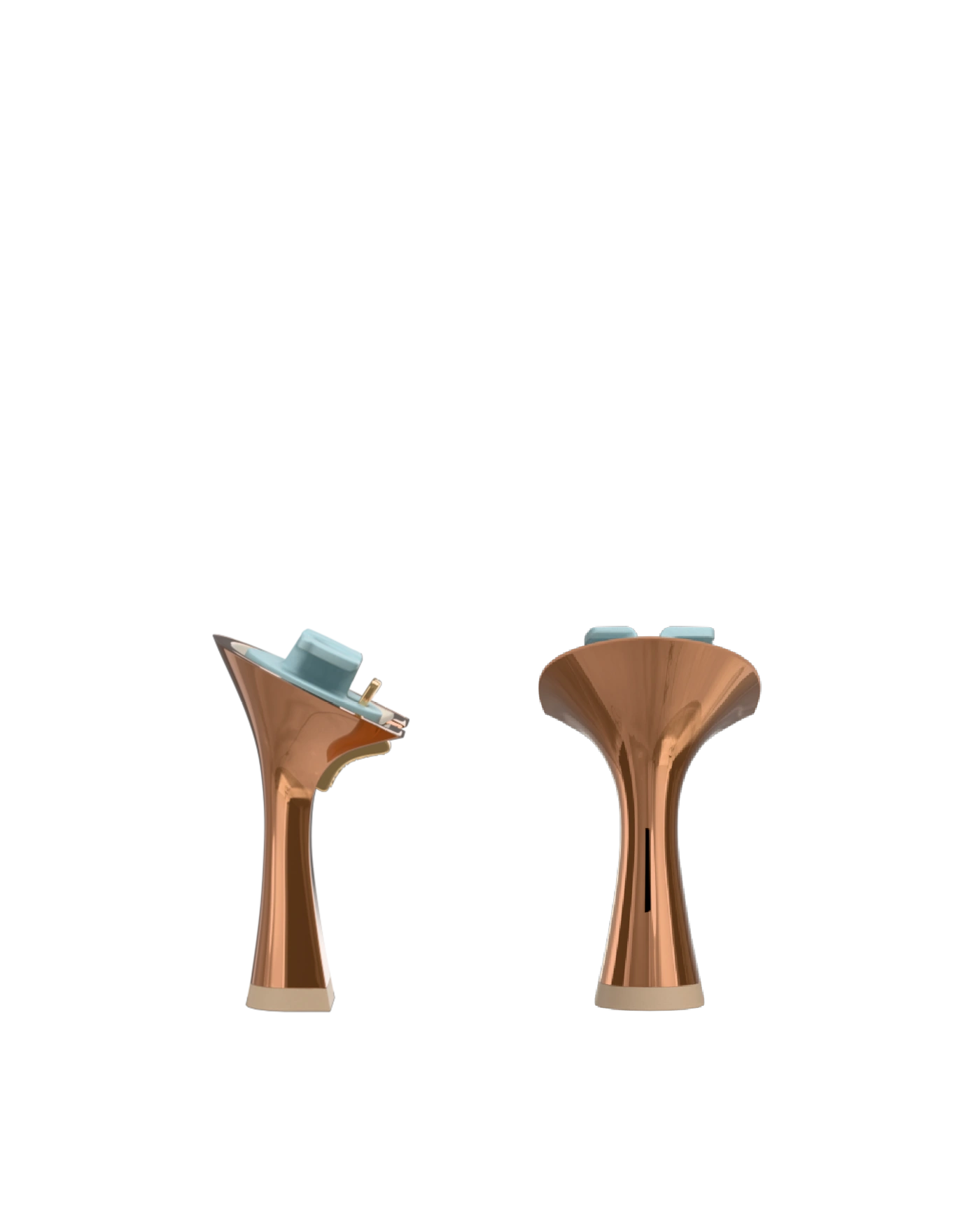 Flare Stiletto Heel Kit 4 Copper Metallic, back view. Pashion convertible heels go from heel to flat and are customizable with interchangeable heel kits.