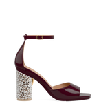 Cylinder Block Heel Kit 4 Cheetah Rhinestone shown on the Brooke Cherry Mocha Patent upper. Pashion convertible heels go from heel to flat and are customizable with interchangeable heel kits.