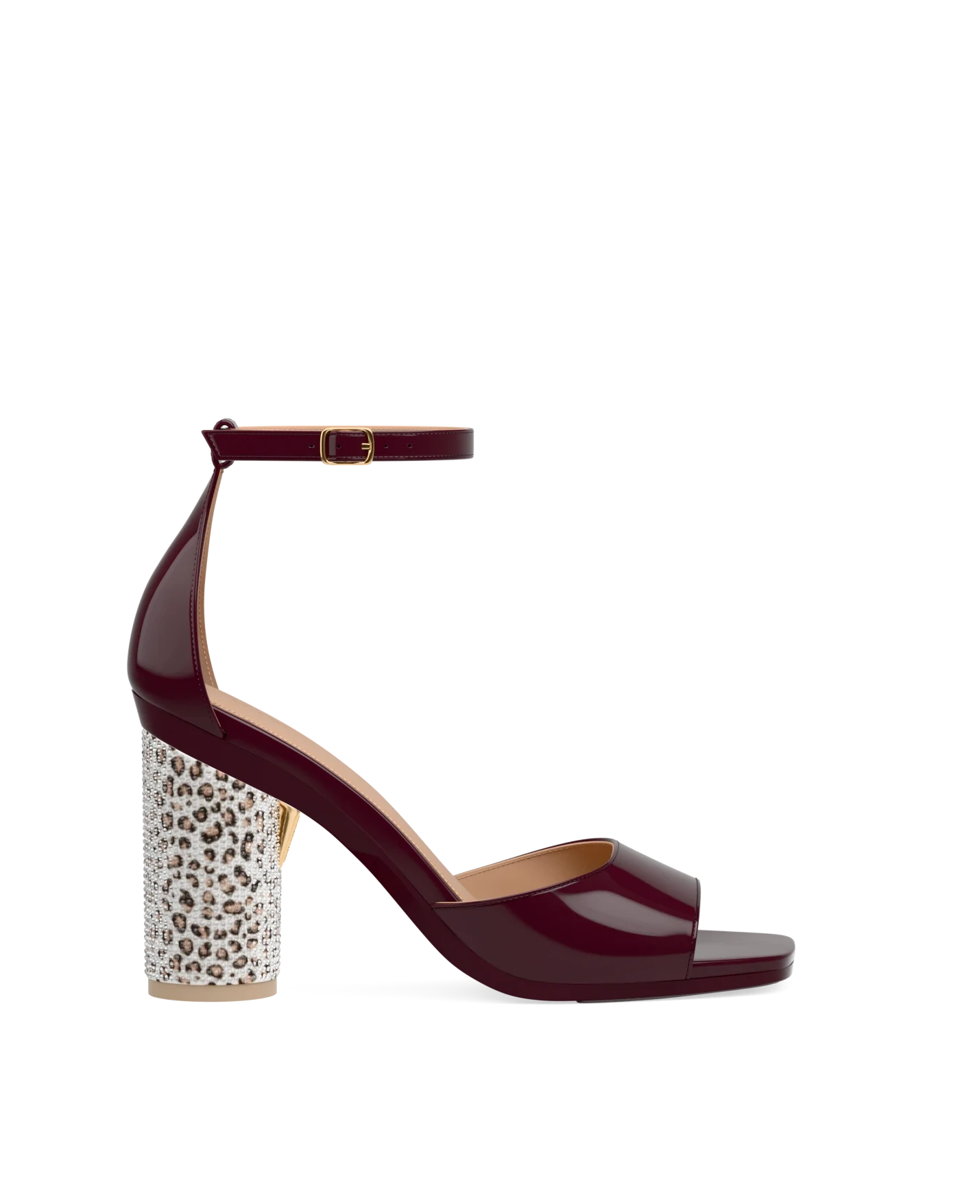 Cylinder Block Heel Kit 4 Cheetah Rhinestone shown on the Brooke Cherry Mocha Patent upper. Pashion convertible heels go from heel to flat and are customizable with interchangeable heel kits.