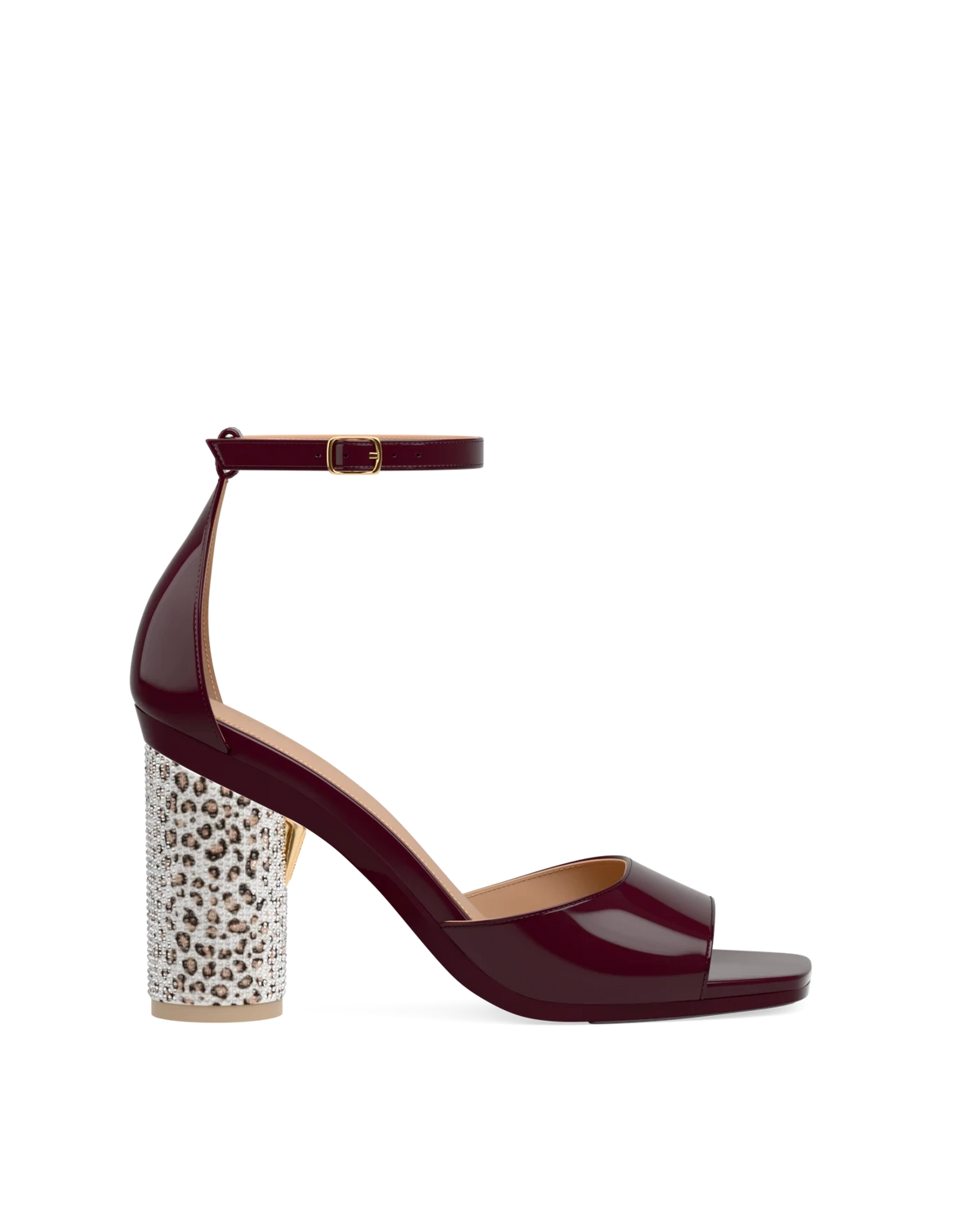 Cylinder Block Heel Kit 4 Cheetah Rhinestone shown on the Brooke Cherry Mocha Patent upper. Pashion convertible heels go from heel to flat and are customizable with interchangeable heel kits.