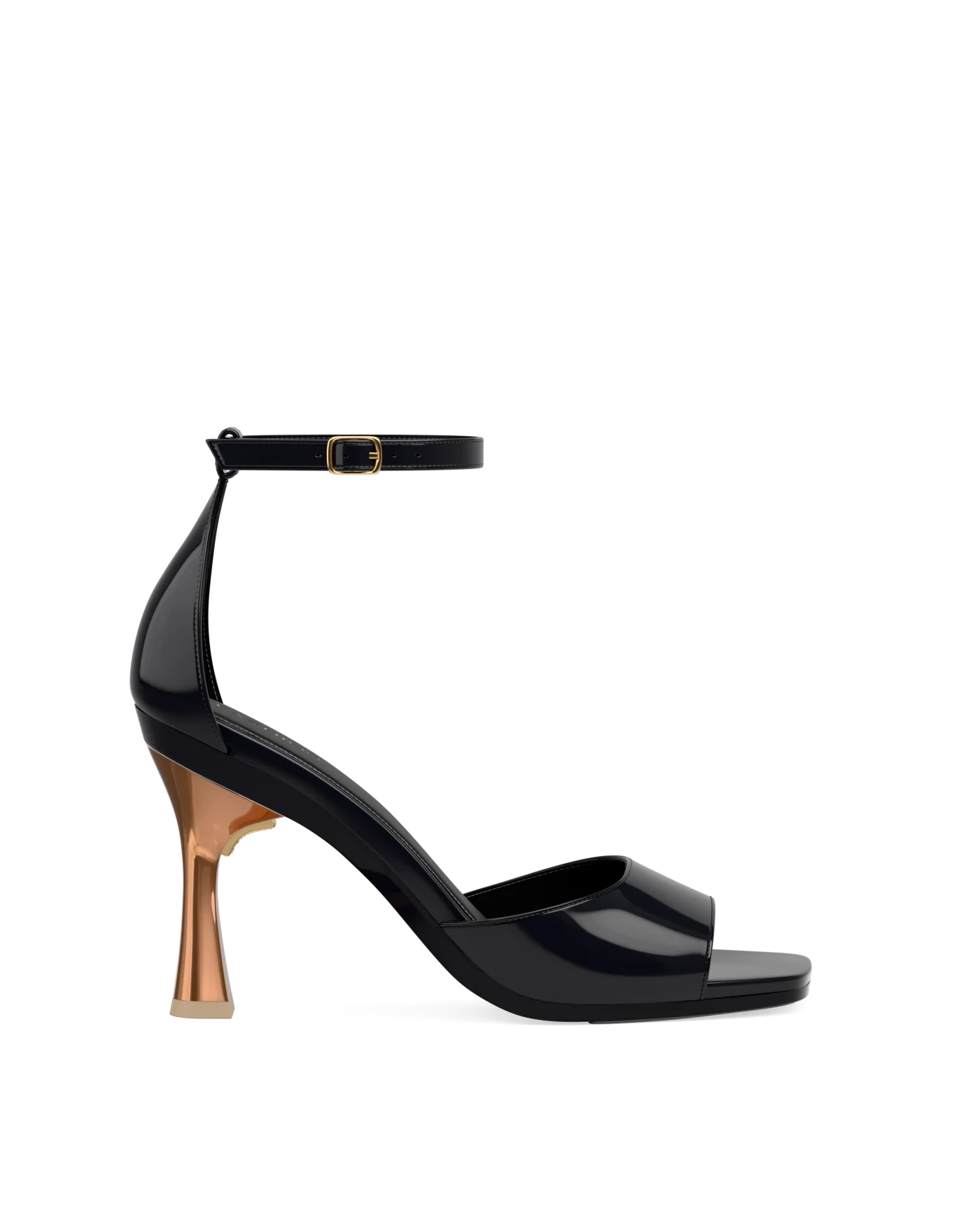 Flare Stiletto Heel Kit 4 Copper Metallic shown on the Brooke Coal Patent upper. Pashion convertible heels go from heel to flat and are customizable with interchangeable heel kits.