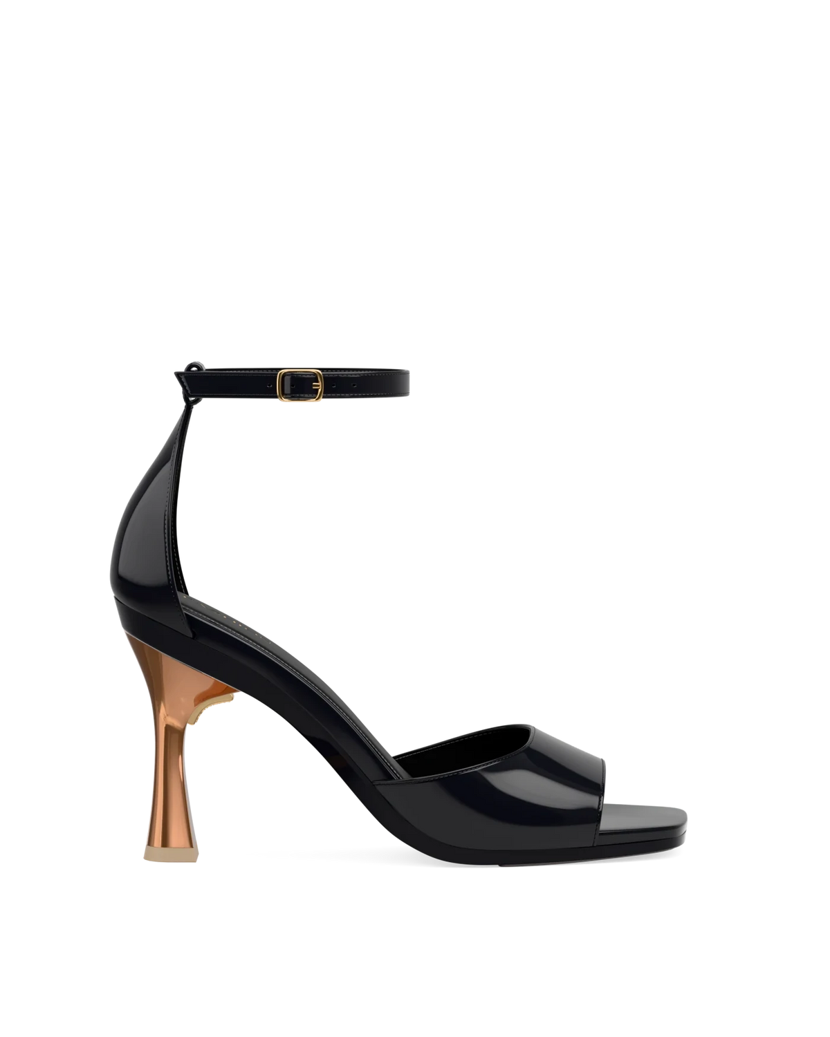 Flare Stiletto Heel Kit 4 Copper Metallic shown on the Brooke Coal Patent upper. Pashion convertible heels go from heel to flat and are customizable with interchangeable heel kits.