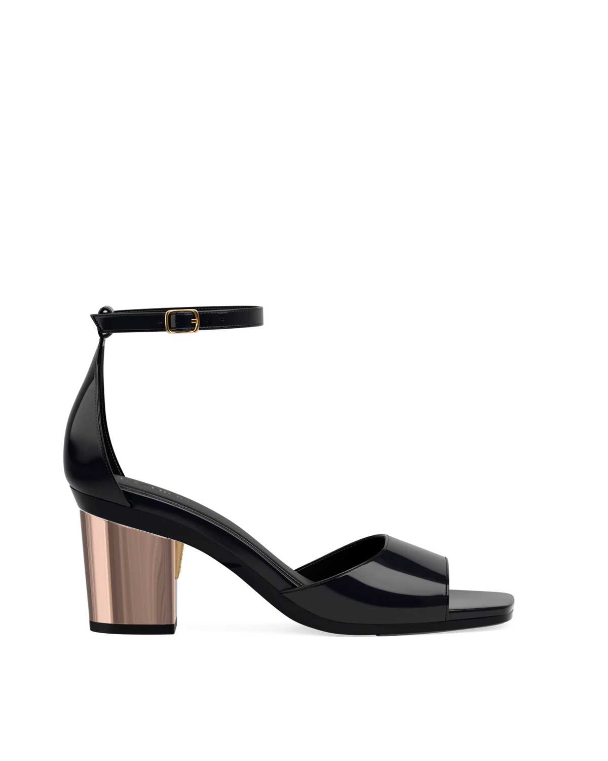 Block Heel Kit 3 Coal Metallic shown on the Brooke Coal Patent upper. Pashion convertible heels go from heel to flat and are customizable with interchangeable heel kits.