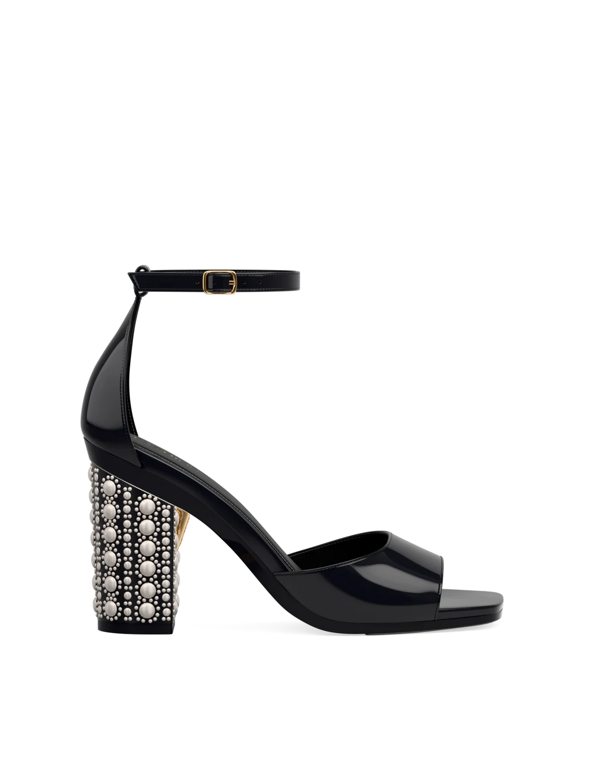 Block Heel Kit 4 Coal Satin Pearl shown on the Brooke Coal Patent upper. Pashion convertible heels go from heel to flat and are customizable with interchangeable heel kits.