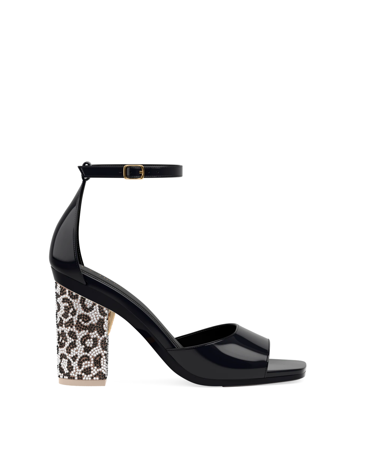 Block Heel Kit 4 Snow Leopard Rhinestone shown on the Brooke Coal Patent upper. Pashion convertible heels go from heel to flat and are customizable with interchangeable heel kits.