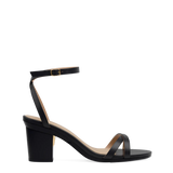 black open toe strappy sandal with open heel with a block heel side angle