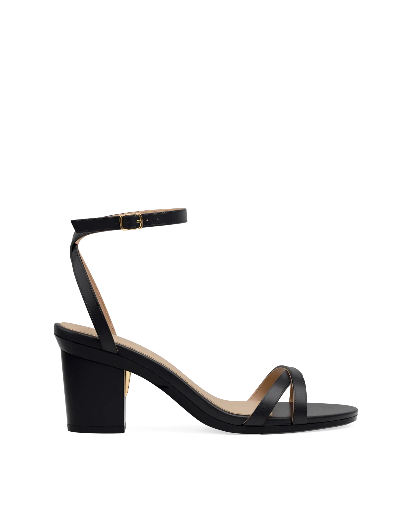 black open toe strappy sandal with open heel with a block heel side angle