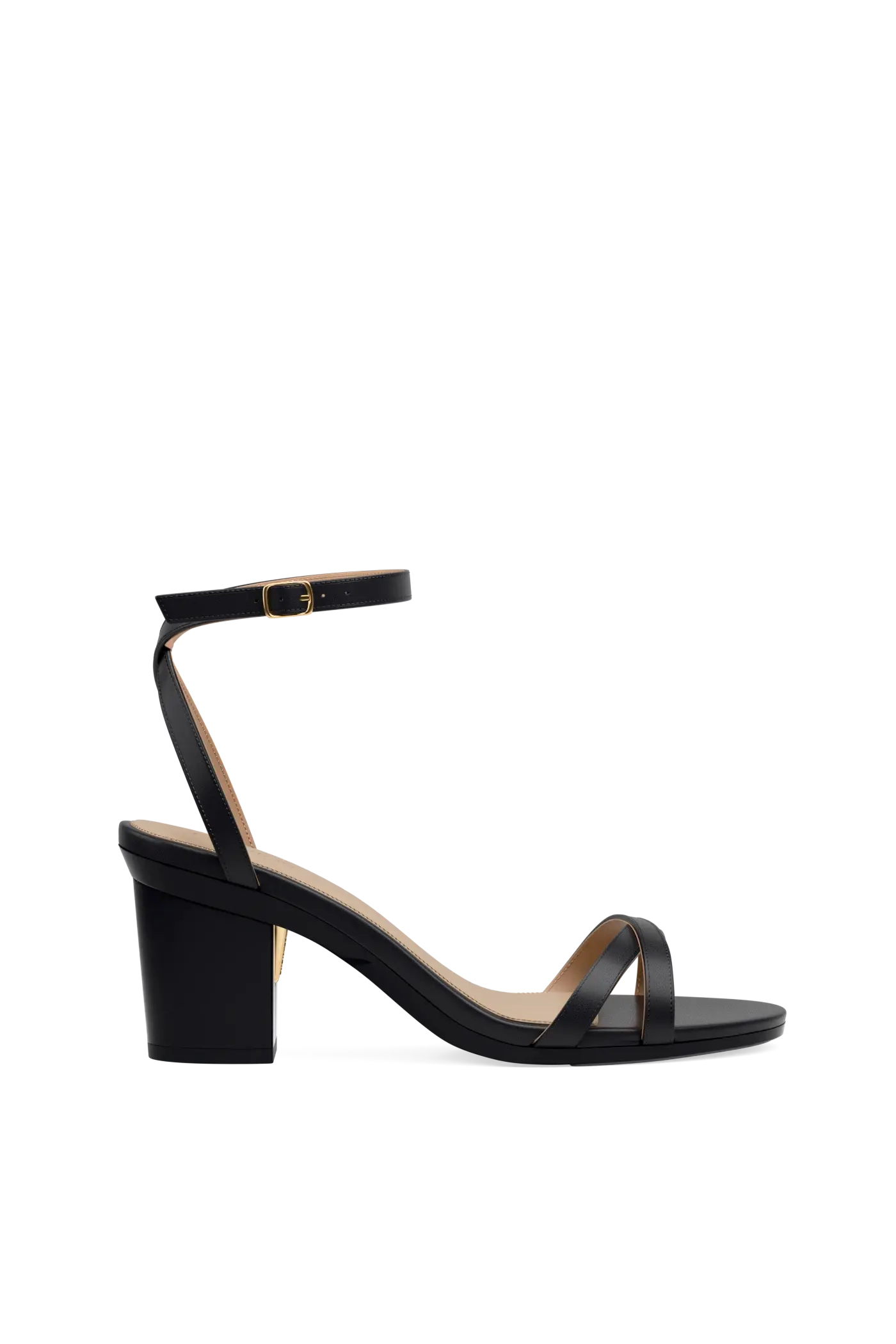 black open toe strappy sandal with open heel with a block heel side angle