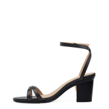 black open toe strappy sandal with open heel with a block heel