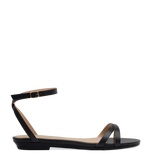 black open toe strappy sandal with open heel flat