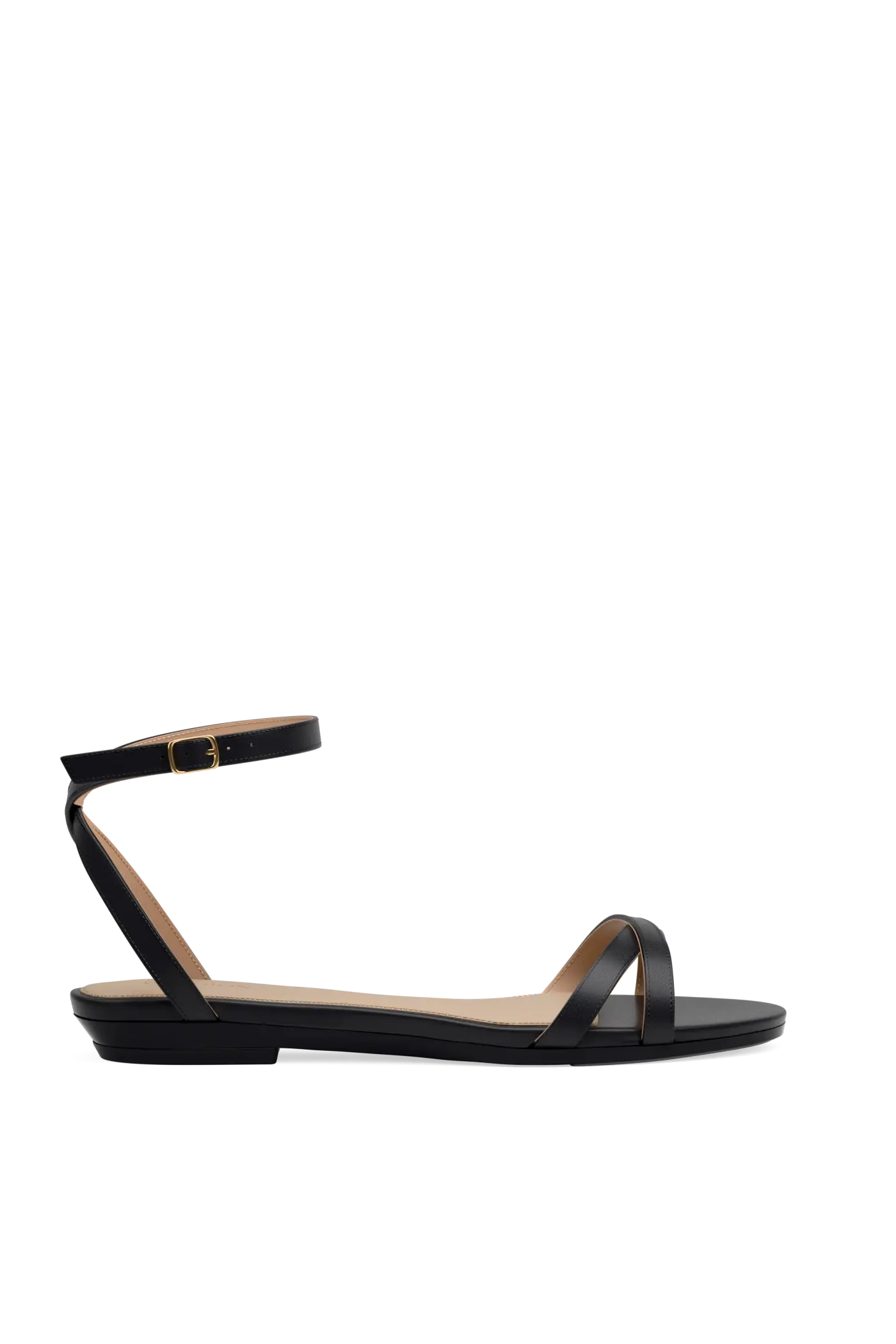 black open toe strappy sandal with open heel flat