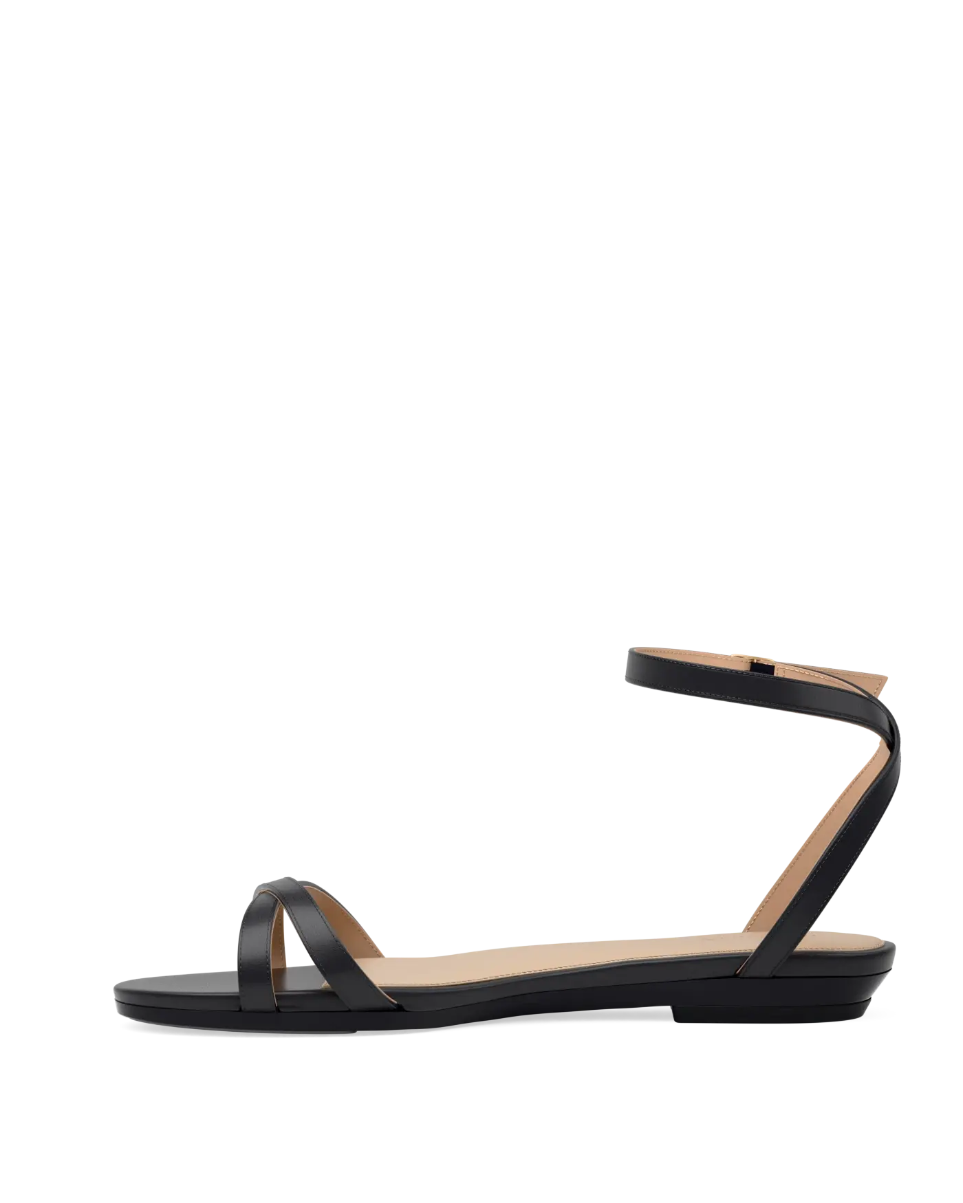 black open toe strappy sandal with open heel flat