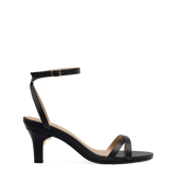 black open toe strappy sandal with open heel kitten heel side angle