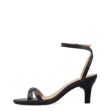 black open toe strappy sandal with open heel kitten heel side angle