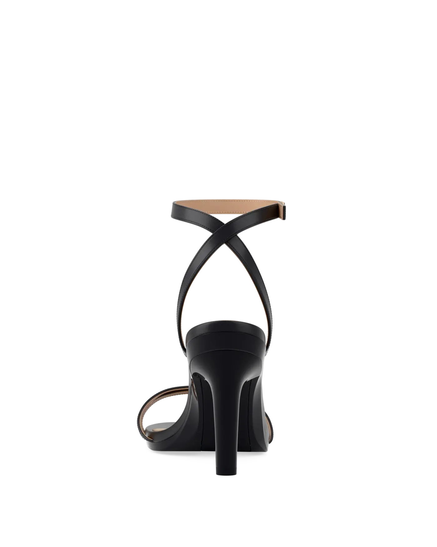 black open toe strappy sandal with open heel high heel back view