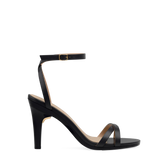 black open toe strappy sandal with open heel high heel that is convertible