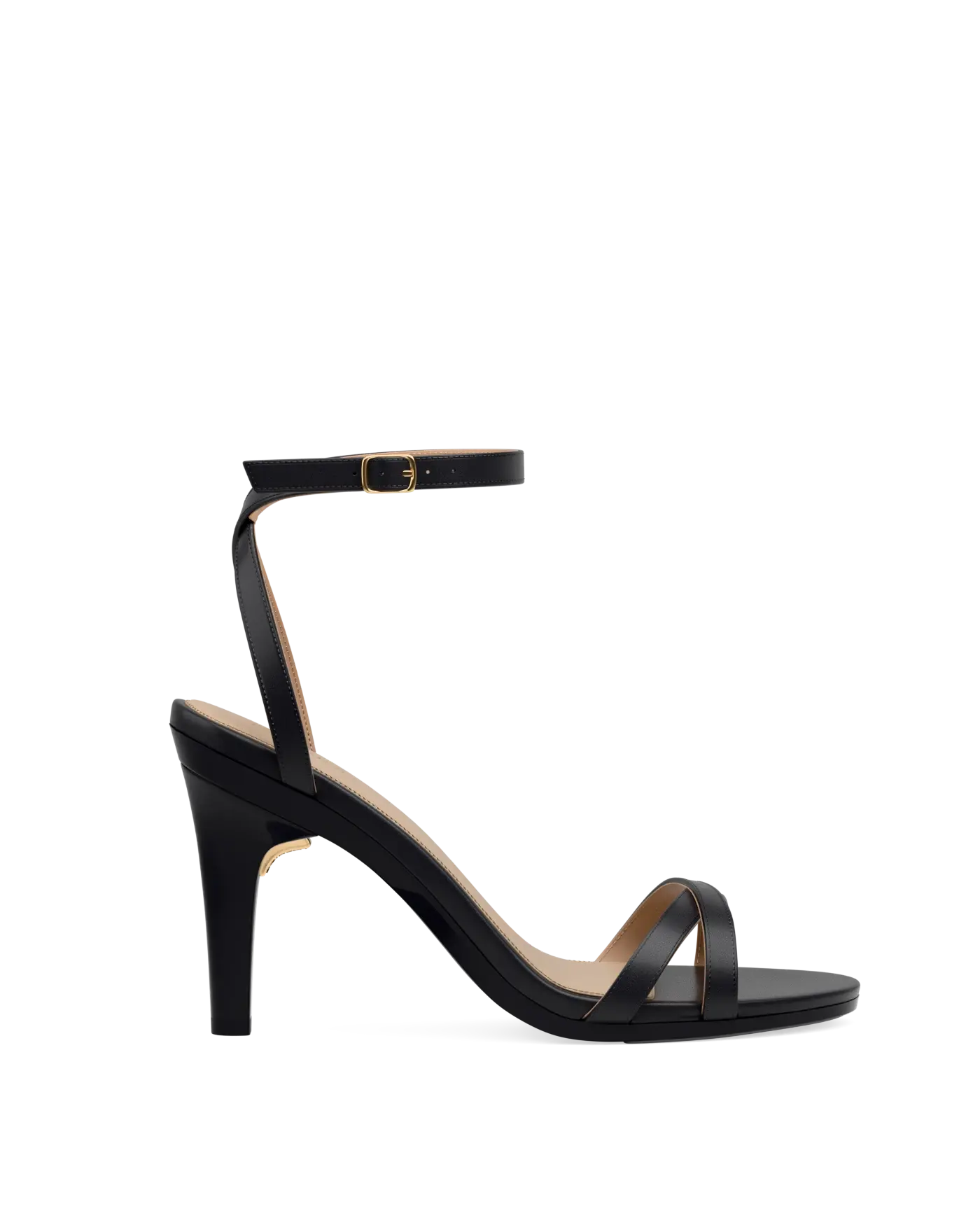 black open toe strappy sandal with open heel high heel that is convertible